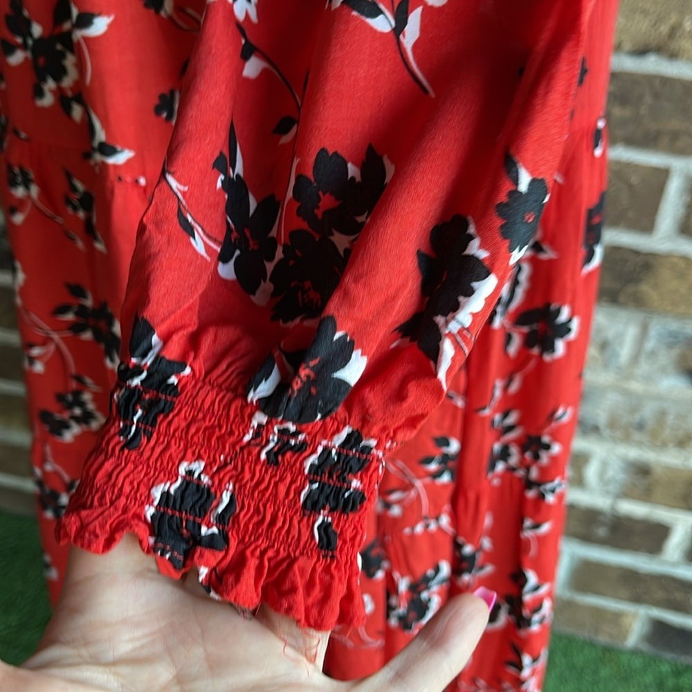 ZARA Angel Midi Maxi Red Black Floral Smock Flared Tiered Dress - Picture 10 of 13